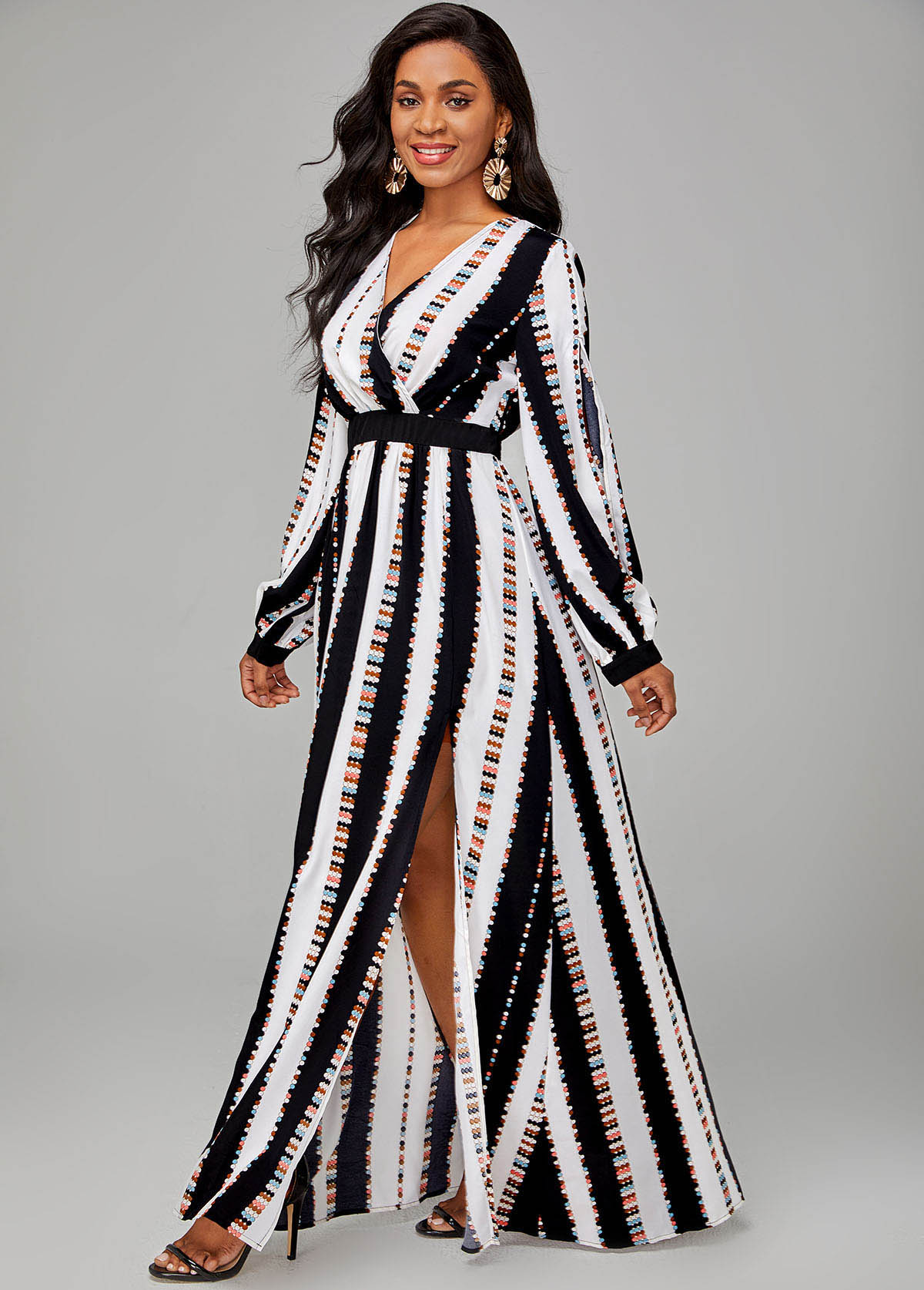 Striped Side Slit Long Sleeve V Neck Dress