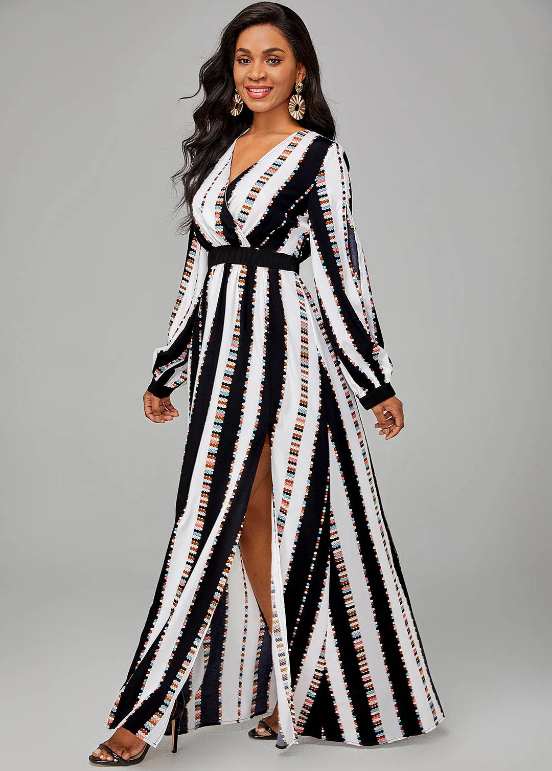 Striped Side Slit Long Sleeve V Neck Dress