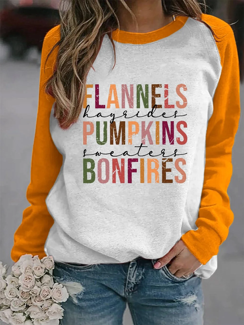 Women's Flannels Hayrides Pumpkins Sweaters Bonfires Print Casual Sweatshirt