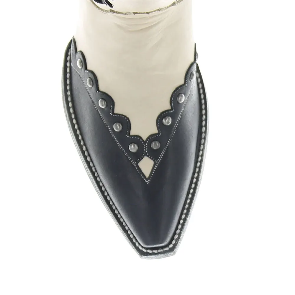 Black & Beige Butterfly Studded Patchwork Western Boots for Women