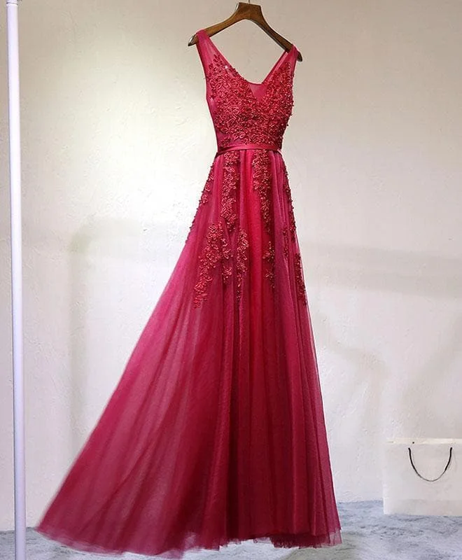 Burgundy V Neck Lace Tulle Long Prom Dress, Lace Evening Dress