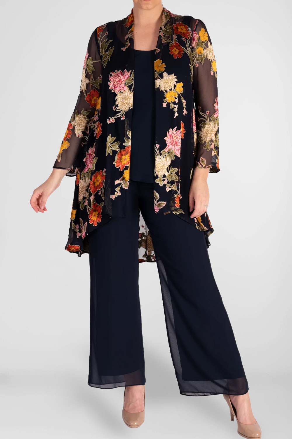 Flycurvy Plus Size Mother Of The Bride Black Chiffon Floral Print Irregular Hem Wide Leg Three Piece Pant Suit 2024 - Flycurvy 