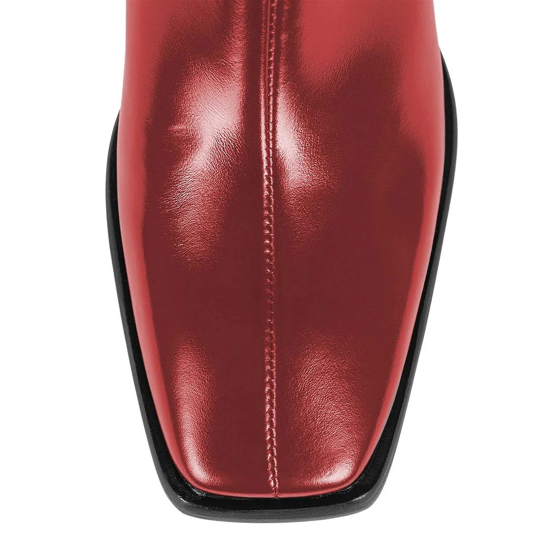 Women's Red Square Toe Chunky Heel Ankle Boots with Side Zipper