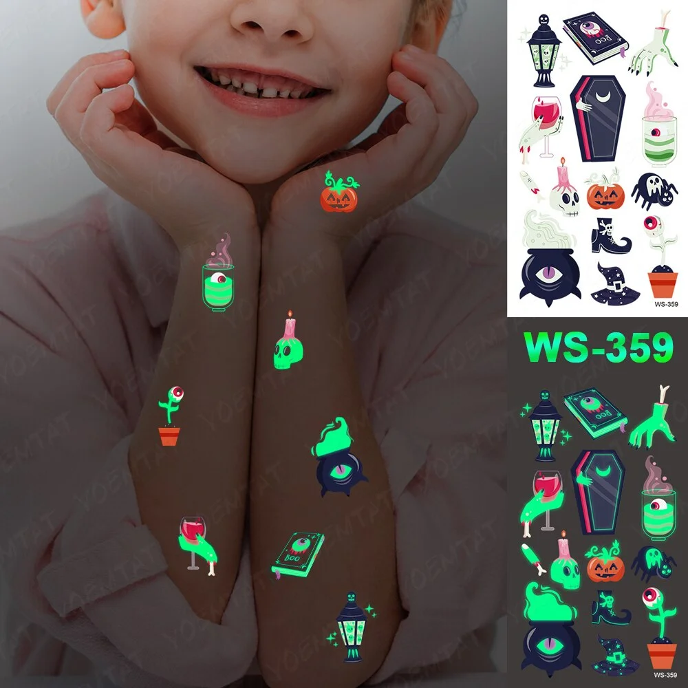 Halloween Party Cartoon Magic book witch Luminous night Tattoo Stickers Elf Ghost Temporary Waterproof Glitter Body Art For Kid