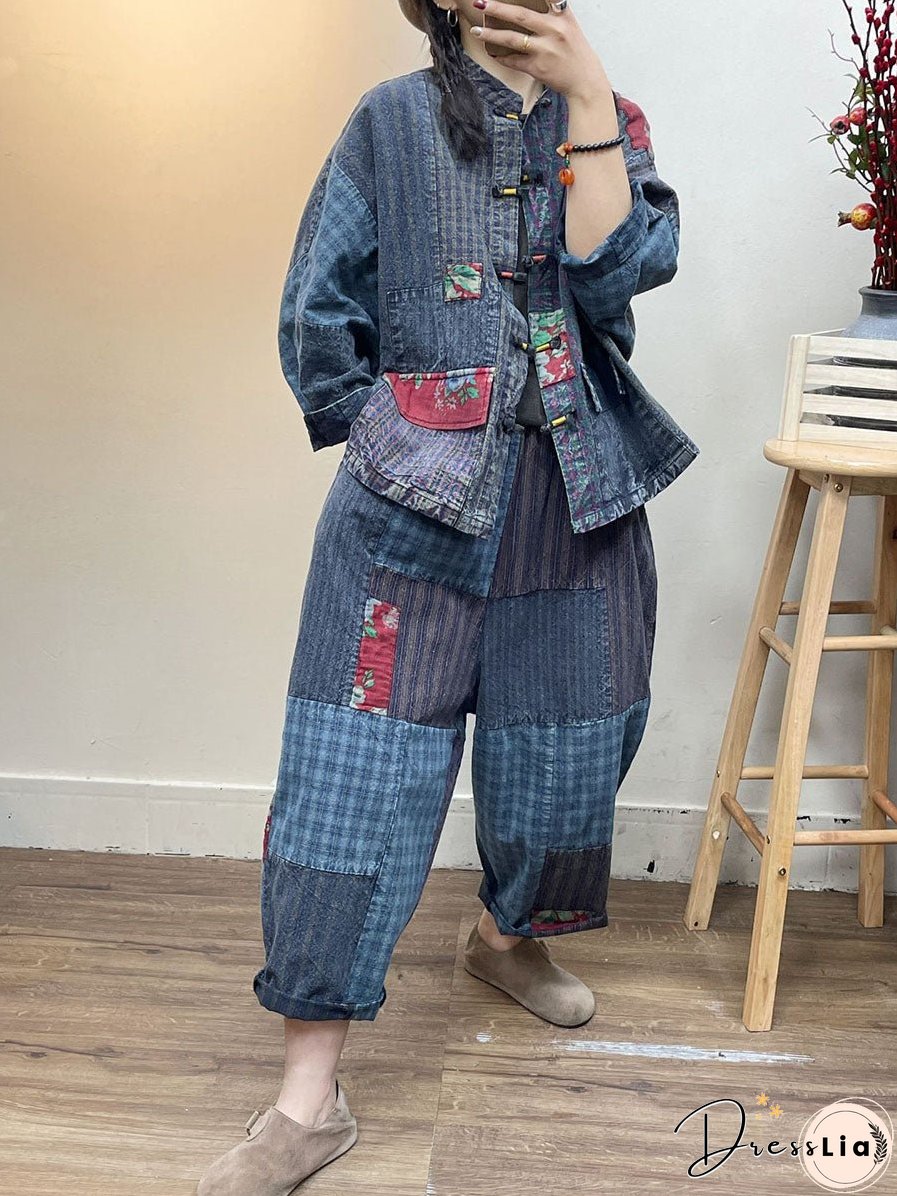 Vintage Patch Spliced Pocket Loose Pants