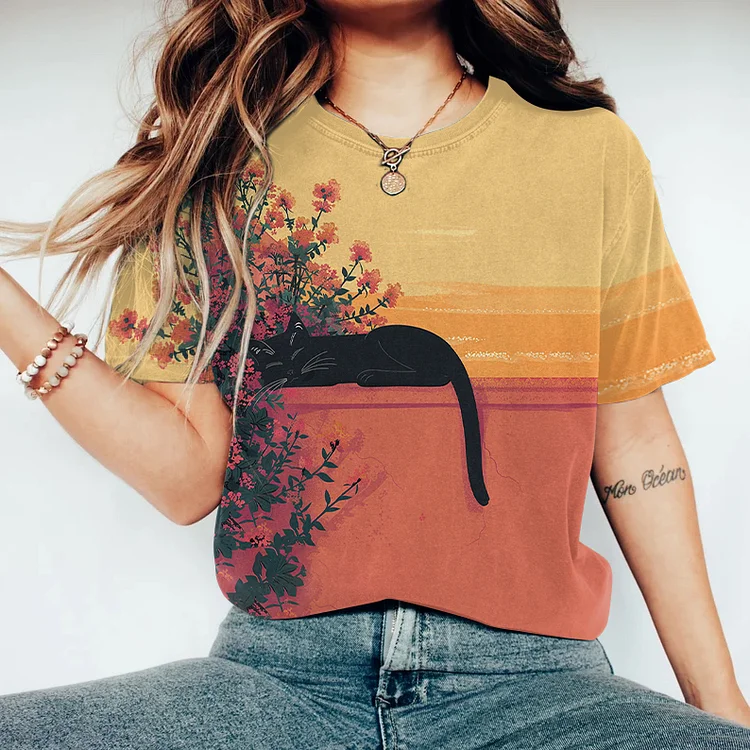 Abstract Creative Black Cat Lying On The Balcony Painting Art T-Shirt