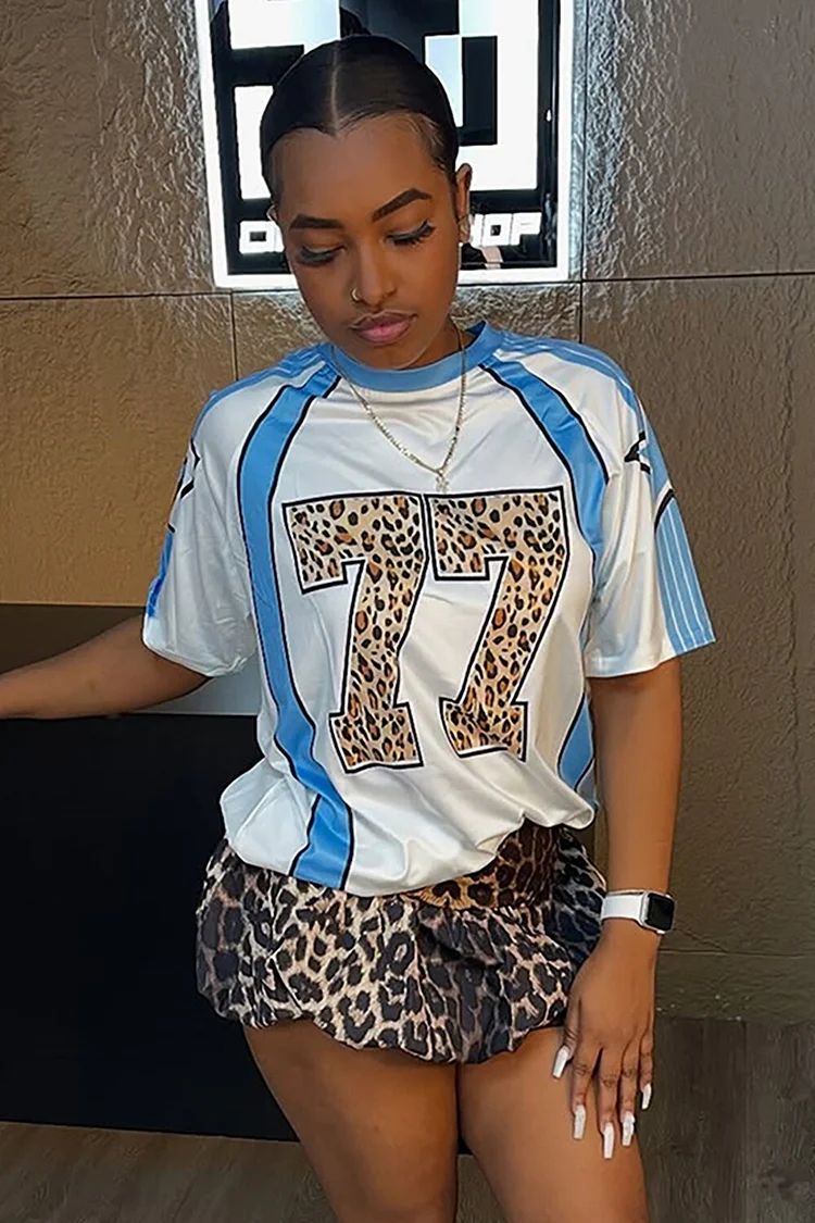 Leopard Number Print Half Sleeve Colorblock T-shirt-Blue