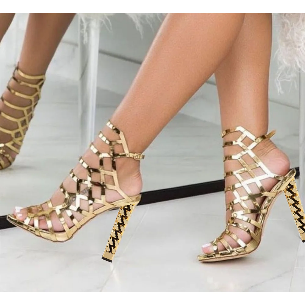 Gold Pointed Toe Sandals With Strapy Slingback Decorative Heels Nicepairs