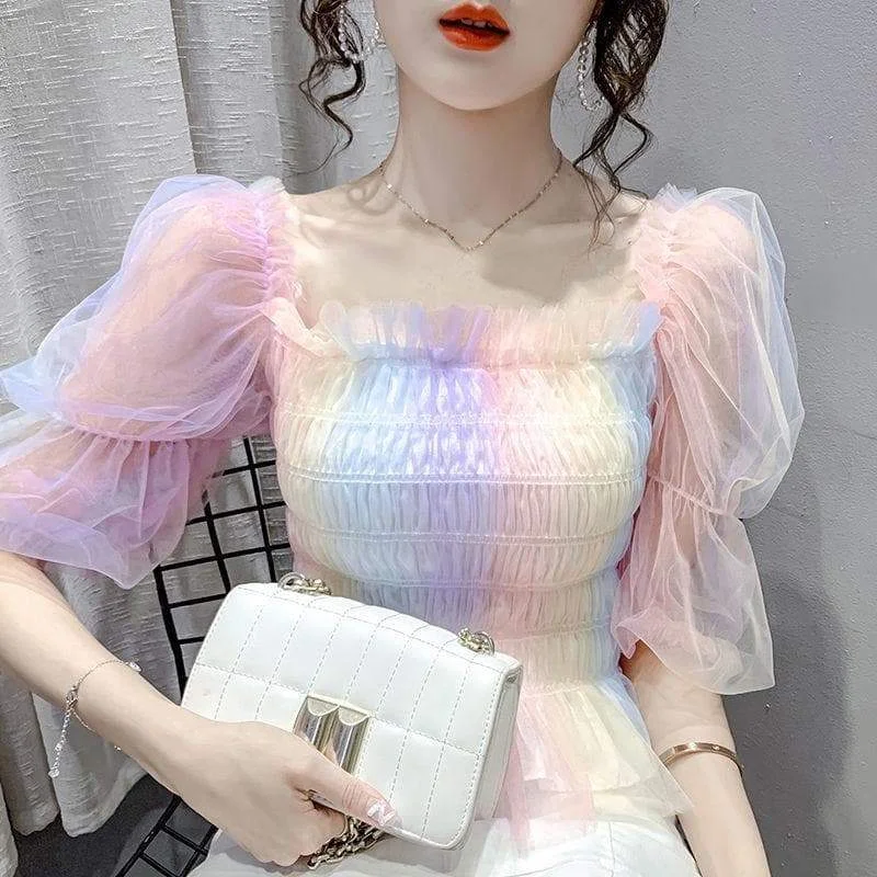 Cute Rainbow Puff Sleeve Square Collar Blouse SP16198