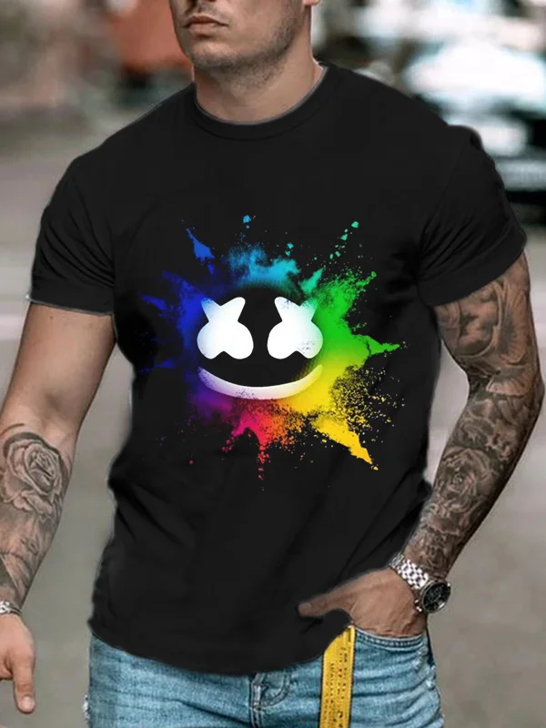 Men's stylish casual black emoticon print short sleeve T-shirt.jpg