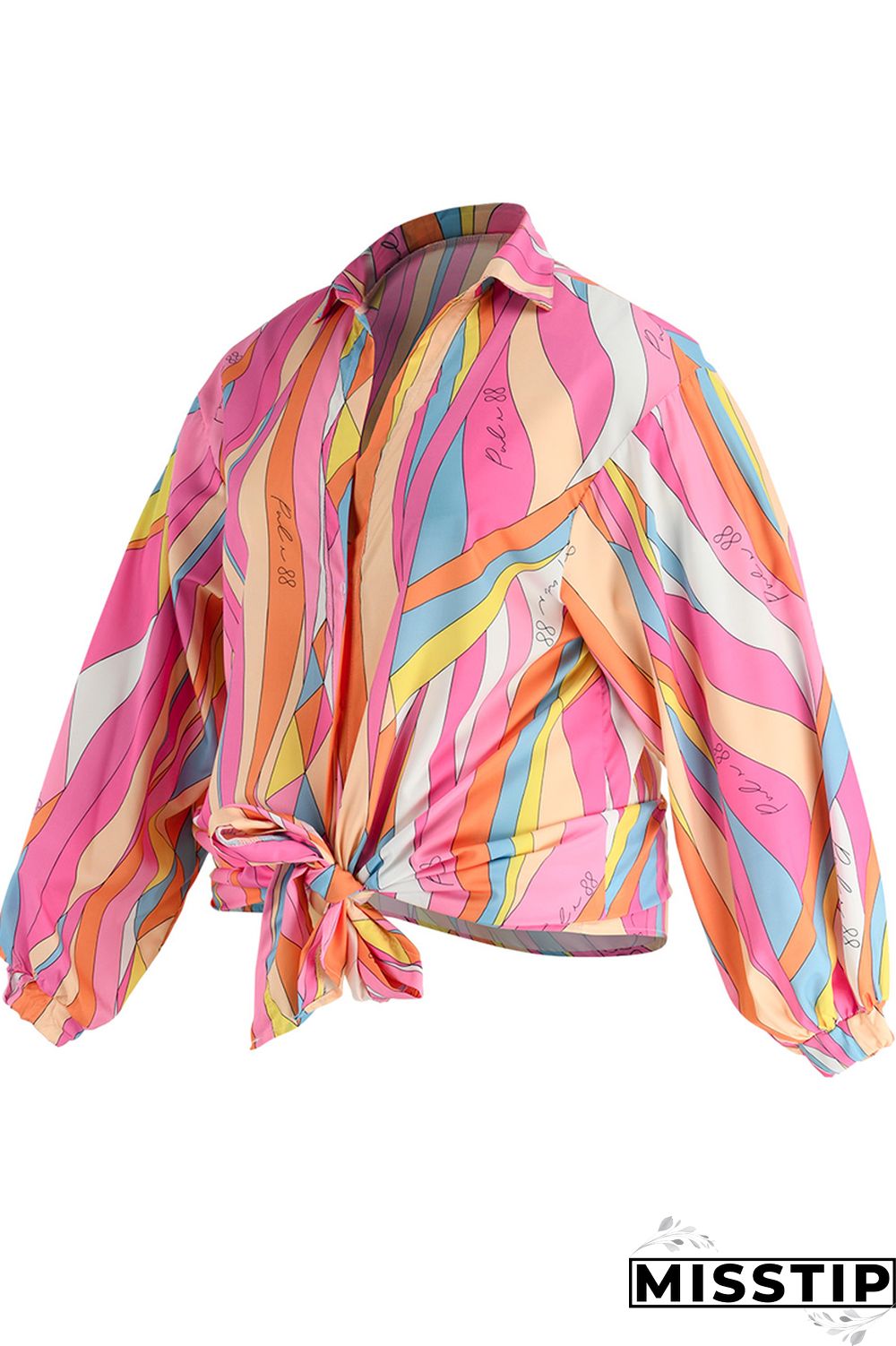 Pink Fashion Casual Print Bandage Patchwork Turndown Collar Plus Size Tops