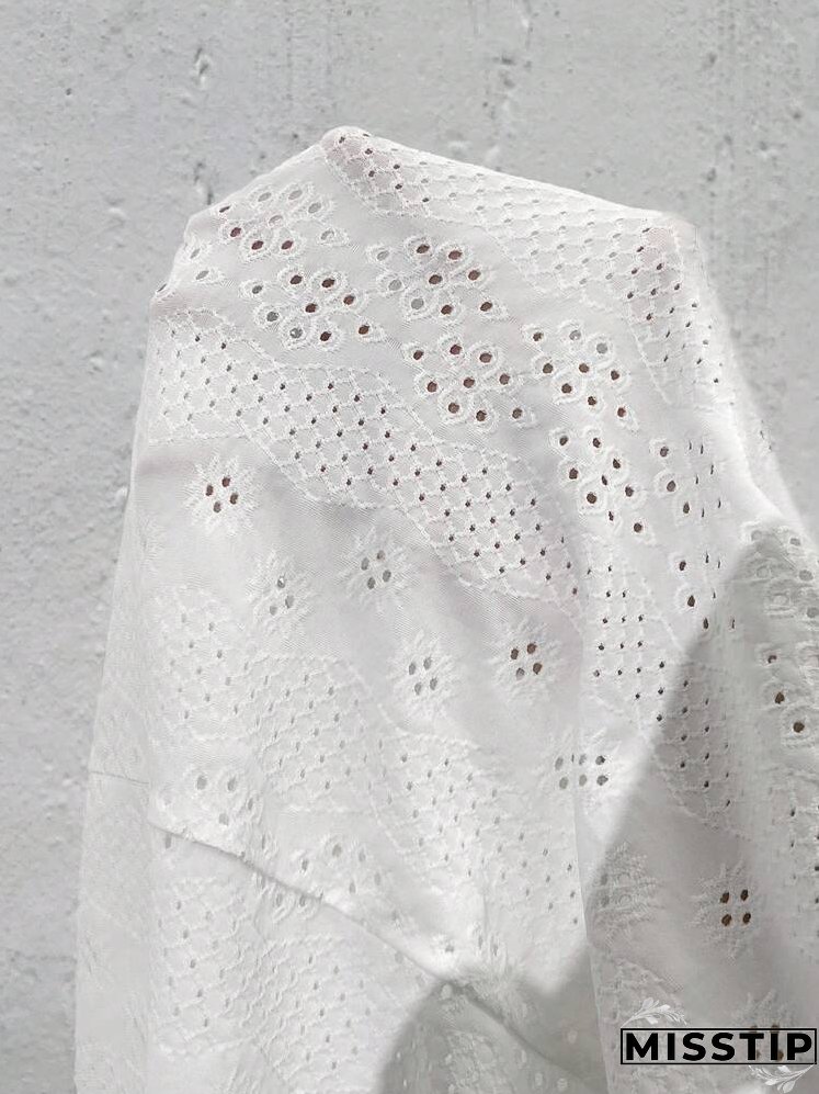 Plus Size Solid Color V-Neck Hollow Embroidery Elegant Short Sleeve Shirt, Summer