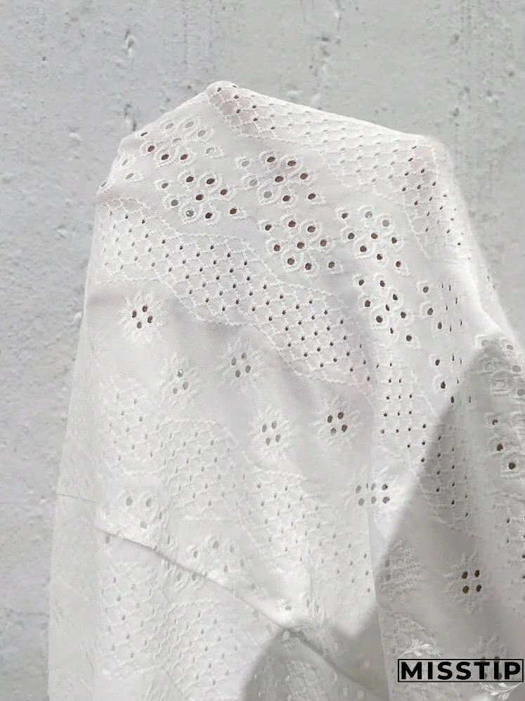 Plus Size Solid Color V-Neck Hollow Embroidery Elegant Short Sleeve Shirt, Summer