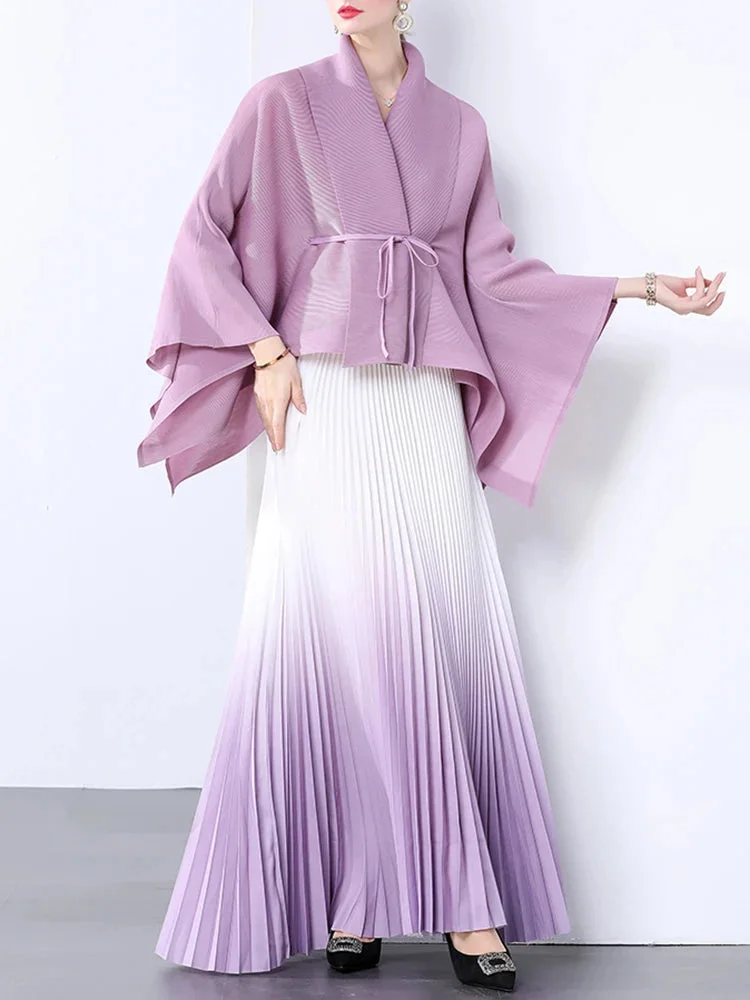 Urban Black V-neck Batwing Sleeve Lace-up Cardigan And Gradient Pleated Skirt Set