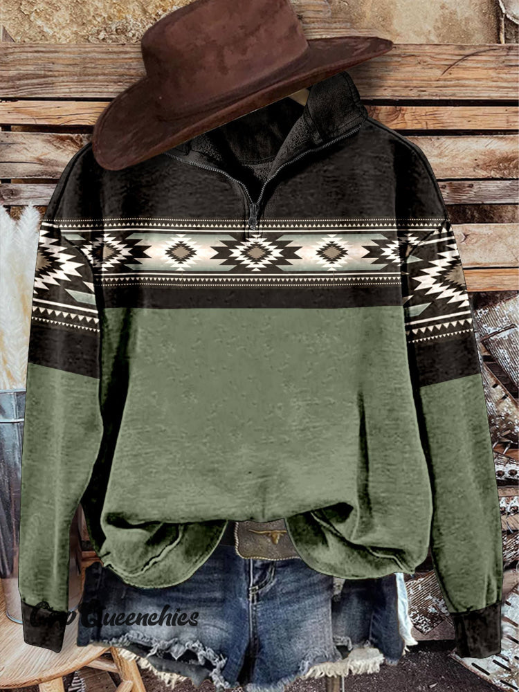 Green Aztac Print Casual Long Sleeve Zip Sweatshirt Multicolor / S
