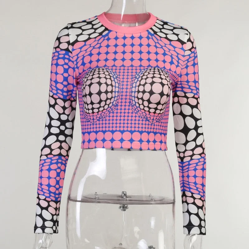 Hugcitar 2021 Women Autumn Long Sleeve 3D Printed Slim Fashion T Shirt Crop Tops Fall Female Clothing Streetwear