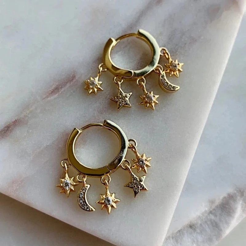 Shiny Gold Color Round Mini Earrings Hanging Star Moon Set Cubic Zirconia Drop Earrings Engagement Jewelry Gifts