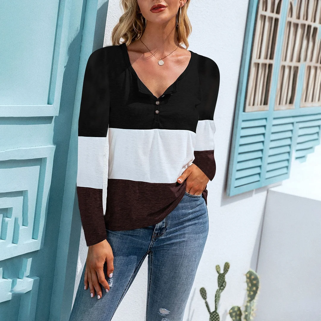 Sonicelife 2023 Spring Autumn Casual Tops for Women Shirts Long Sleeve Button Colorblock Print Patchwork Elegant Office Lady Work Shirt