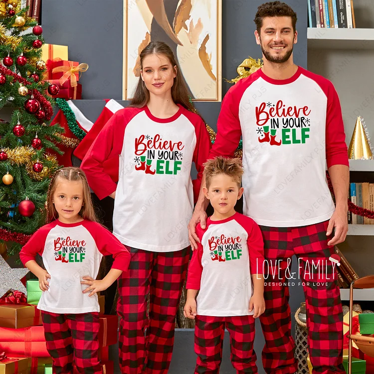 Believe In Your Elf Christmas Family Matching Red Plaid Pajamas Sets