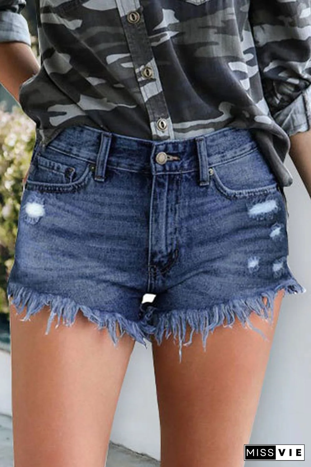 Denim Tassel High Waist Hole Distressed Shorts