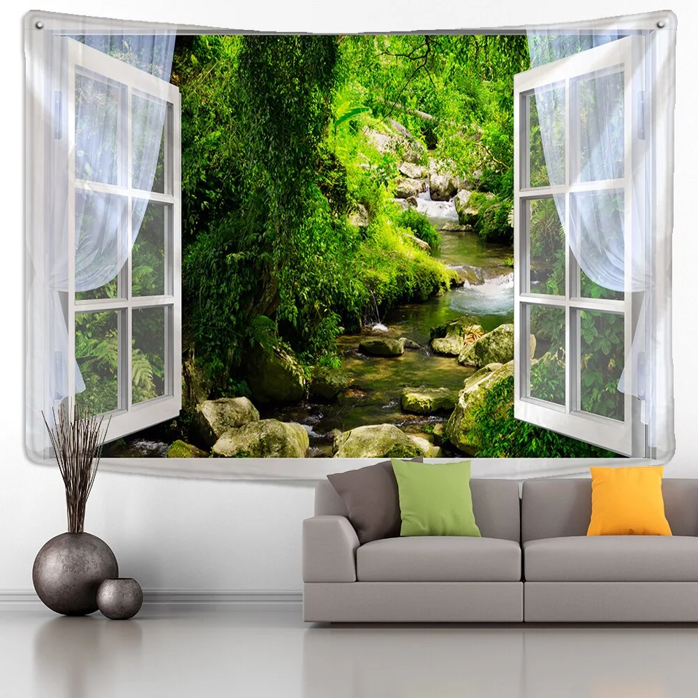 Window Forest Plant Landscape Tapestry Natural Scenery Wall Hanging Indian Throw Mandala Hippie Bedspread Bohemian Home Decor