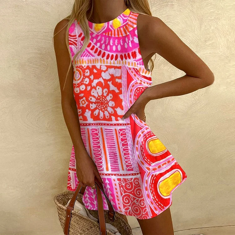 Women's Sleeveless Geometric Flower Splicing Printed Dress