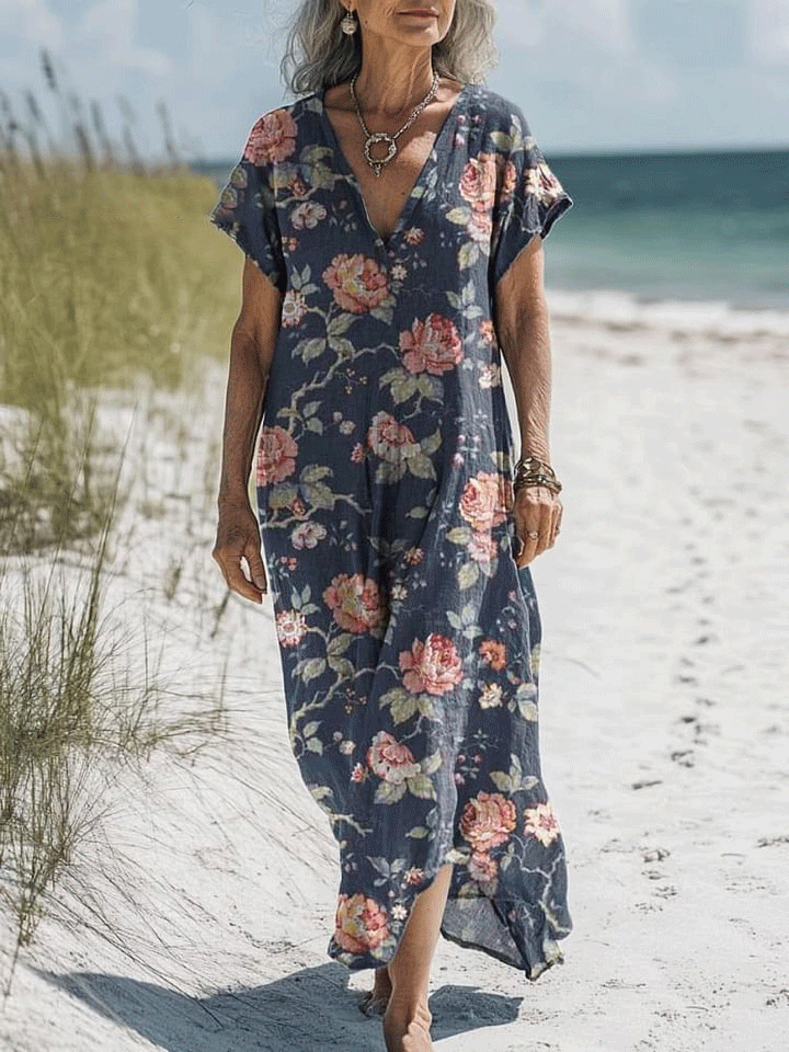 Women's Vintage Lovely Floral Art Print Pocket Cotton Dress