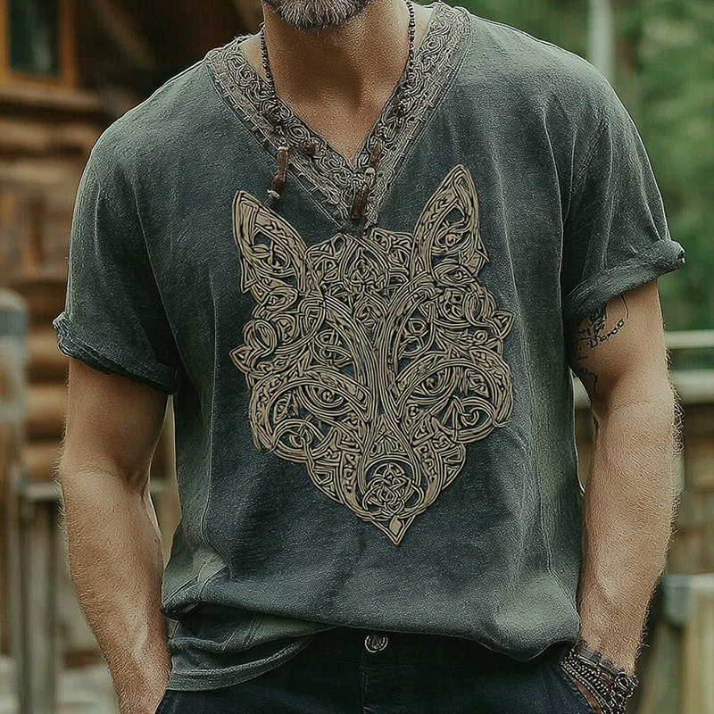 Men's Vintage Viking Celtic Wolf Graphic V-neck T-shirt