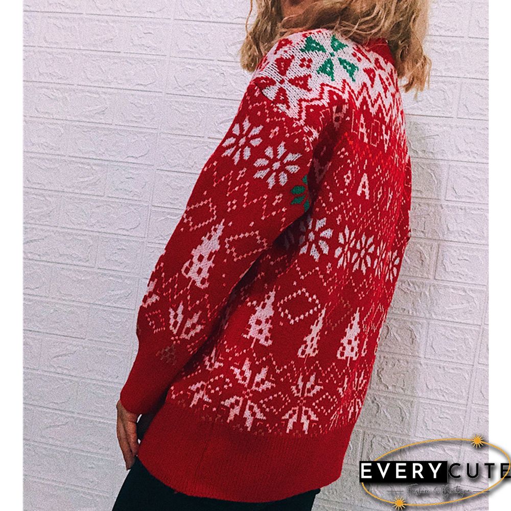 Red Round Neck Vintage Snowflake Christmas Sweater