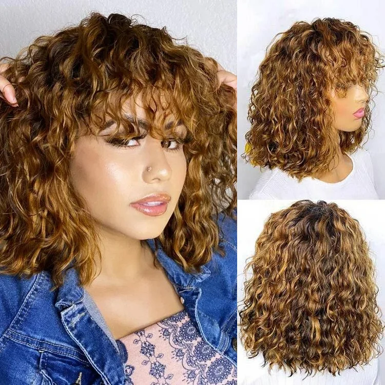 Light Brown/Black Color Brazilian Remy Curly Hair Wig With Bangs