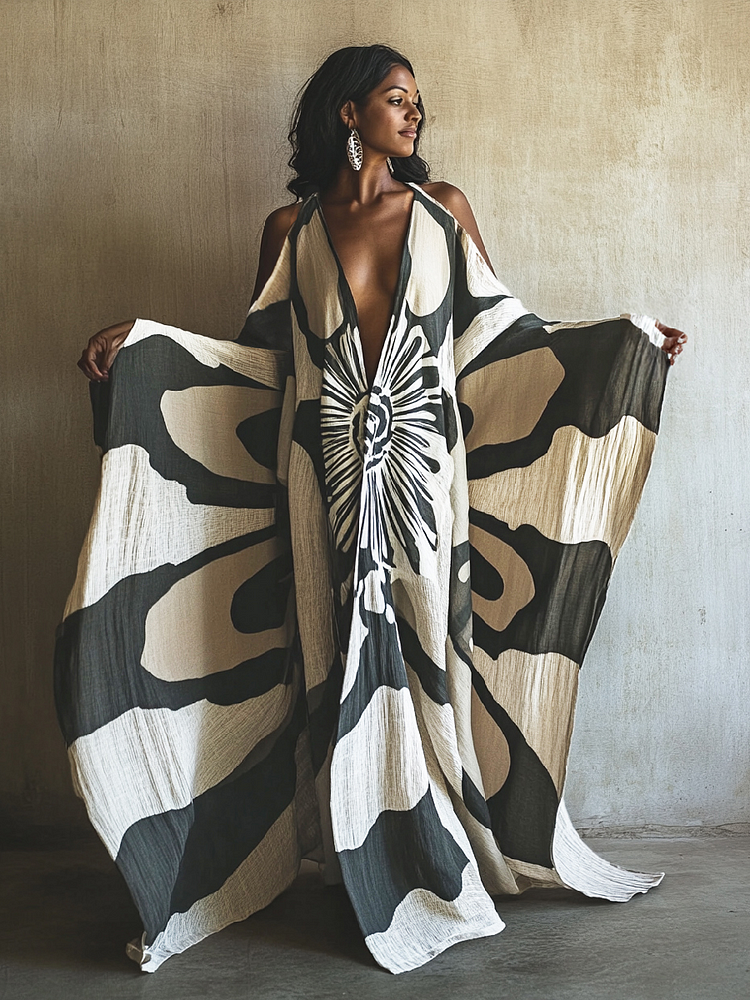 Women's Paintbrush Symphony Art Black And White Linen V-Neck Long Gown