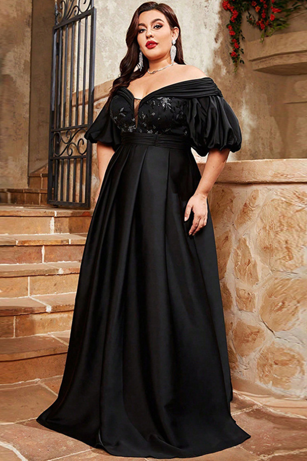 Plus Size Evening Black Sequin Off The Shoulder Puff Sleeve Pleated Maxi Dress 2024 - Flycurvy 
