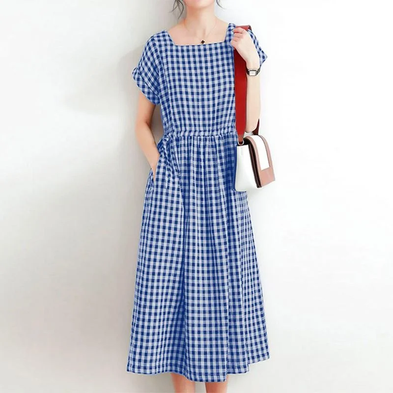 ZANZEA Vintage Women Plaid Checked Midi Dress Summer Elegant Square Neck Short Sleeve Sundress Party Vestidos  Femme
