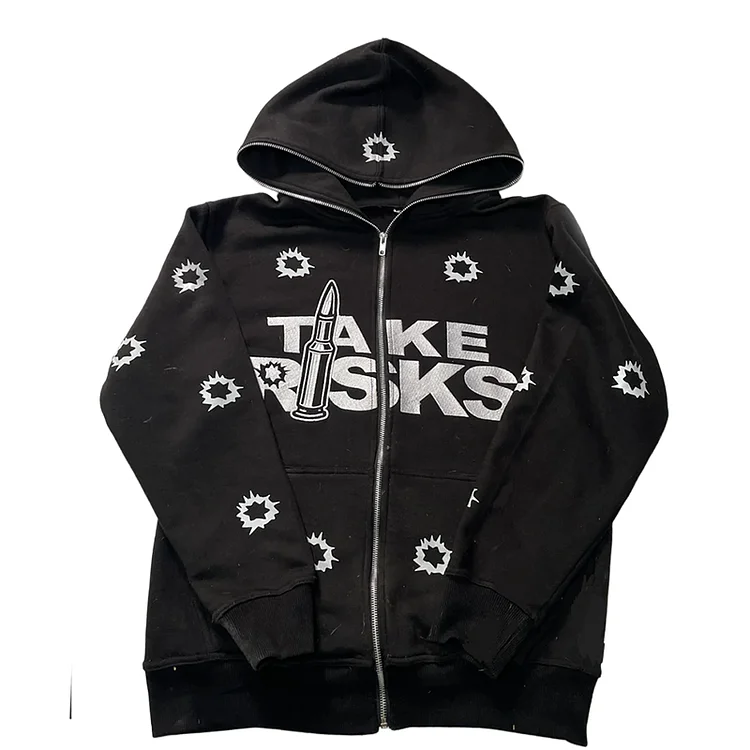 Gothic Hoodies Vintage Hip Hop Zip Up Coat Loose Sweatshirt Clothes Y2K Tops at Hiphopee