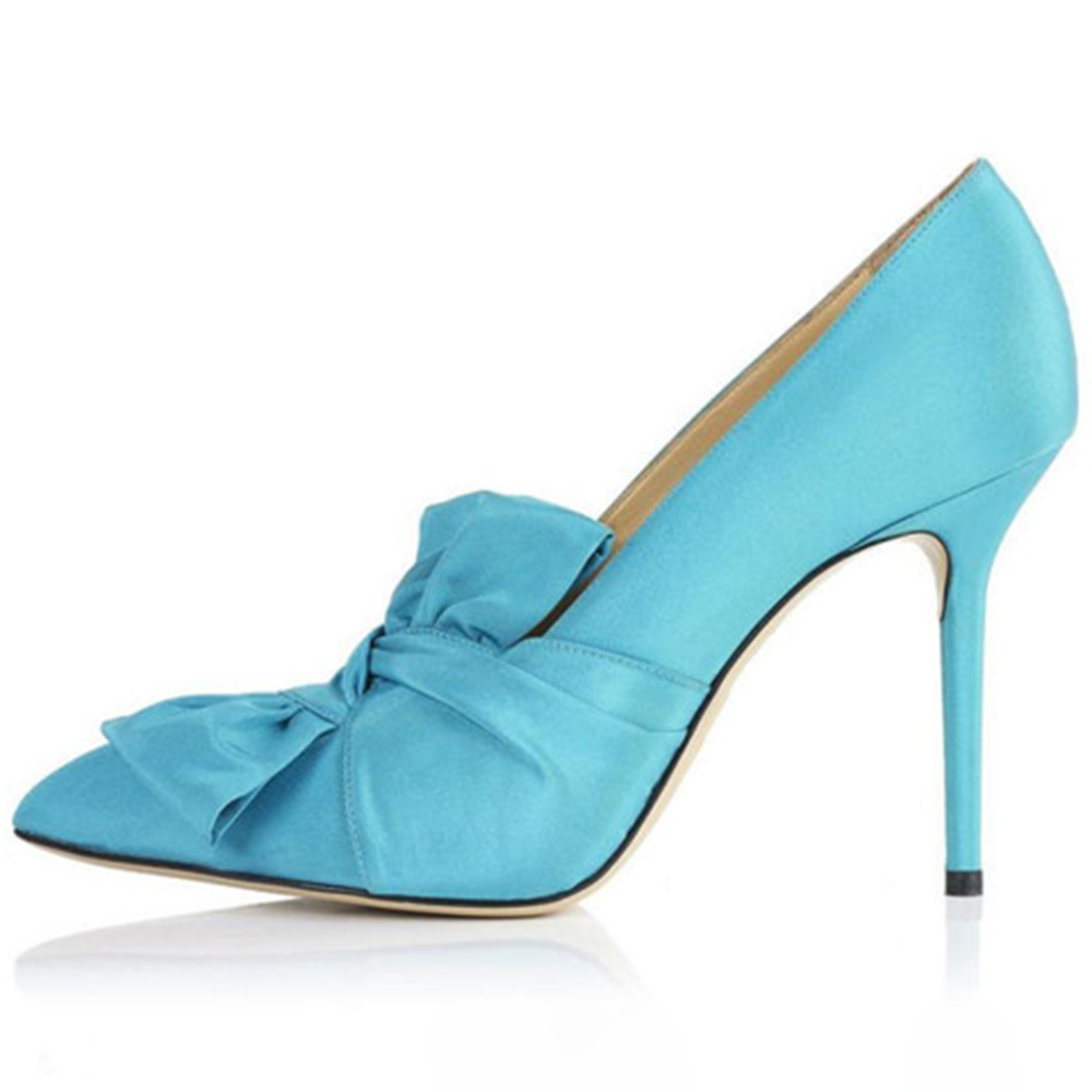 Blue Satin Closed Toe 4'' Stiletto Heel Pumps with Bow Nicepairs