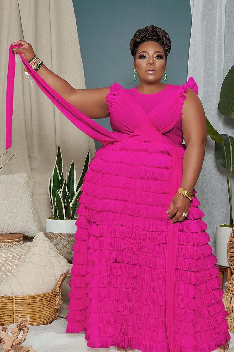 Xpluswear Plus Size Elegant Barbie Pink Criss Cross Lace Up Ruffle Sleeves Frilly Tulle Tiered Maxi Dress