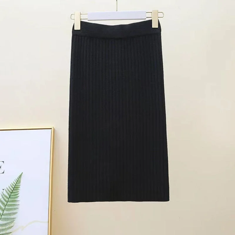 Zoki Winter Women Sweater Skirt New 2021 Knitted Midi Skirts Korean Elastic High Waist Elegant Autumn Split Fork Black Faldas