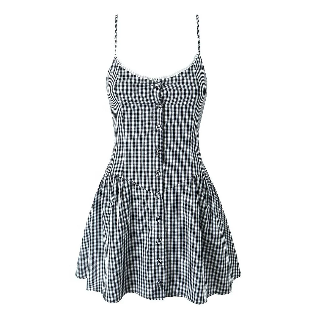 Nigikala Nigikala Two-Color Lattice Button Embellion With Joint Dress 2025 Spring New M11382