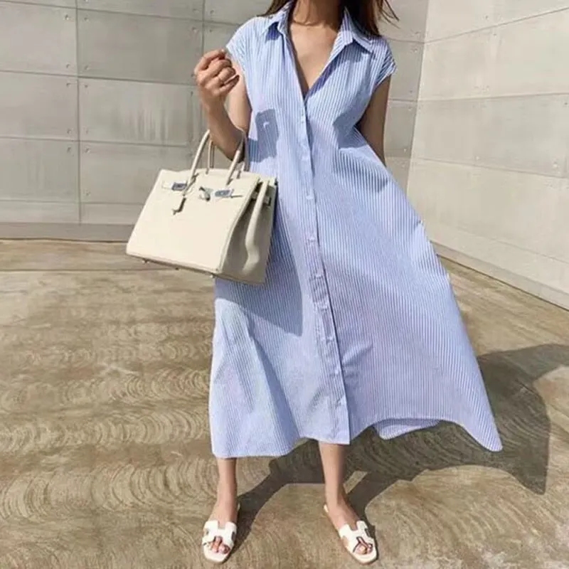 2021 Summer Plus Size Long Shirt Dress Casual Sleeveless Blue Striped Dresses for Women Loose Lace Up Dresses Robe Femme 10389
