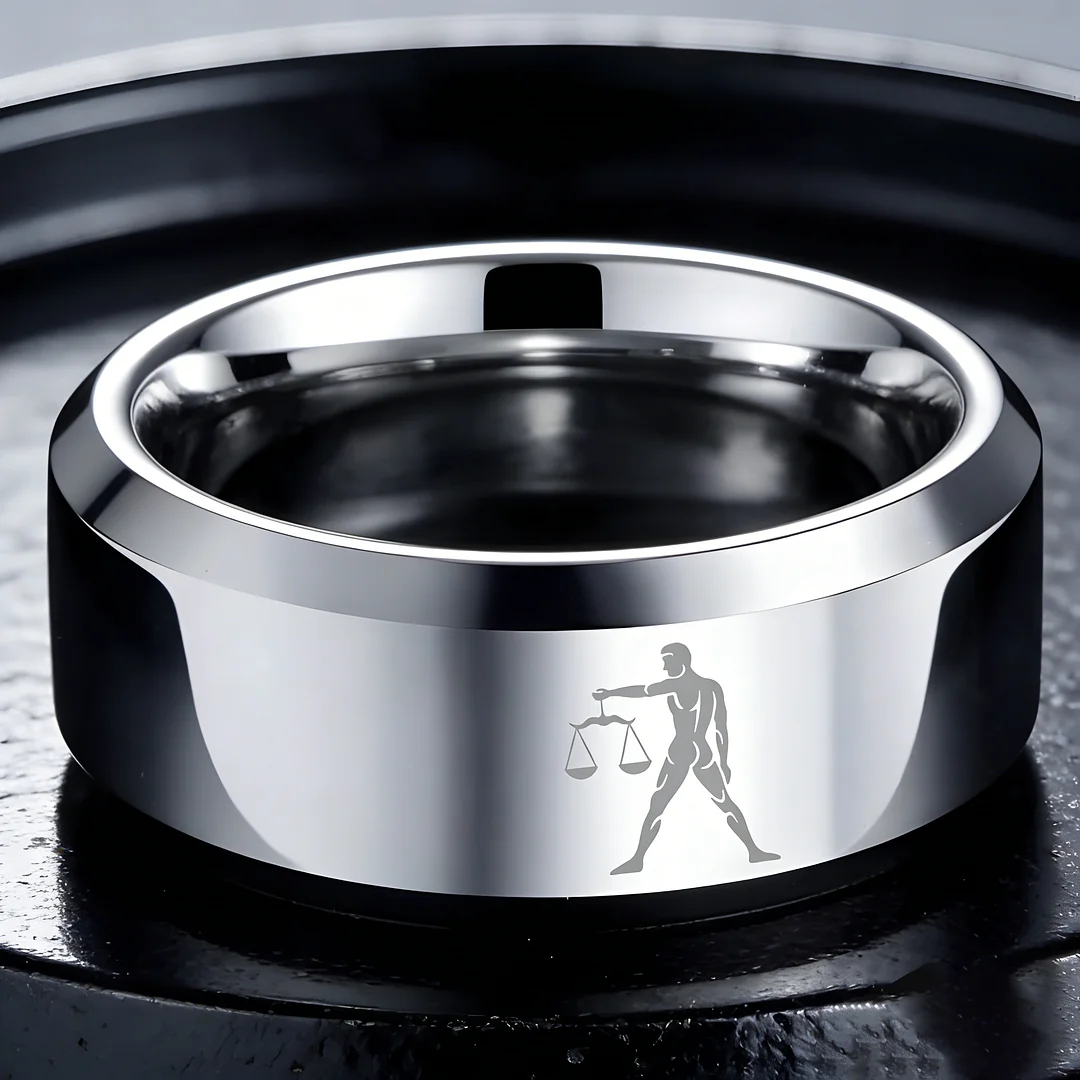 Beveled Edges Sliver Laser Etched Couple Wedding Bands Sliver Libra Tungsten Carbide Rings 4MM 6MM 8MM Width