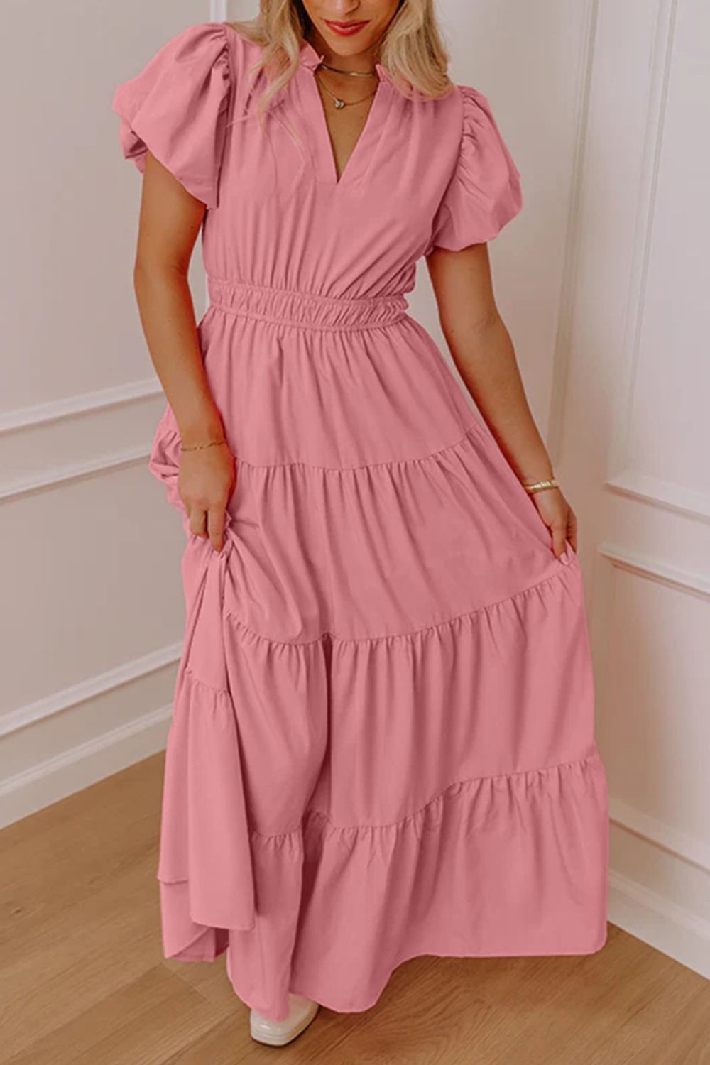 Elegant Ruffled Tiered Puff Sleeve Maxi Dress mysite idetrend