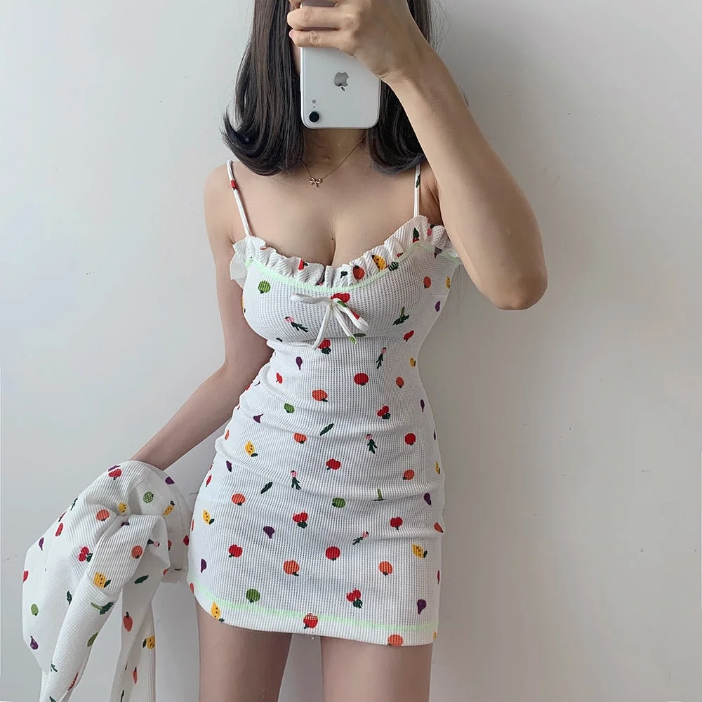 WOMENGAGA 2021 New Girl Lovely French Fruit Pattern Sling Tank Vest Mini Dress + Cardigan Full Sleeve Knitting Sweater Set V992