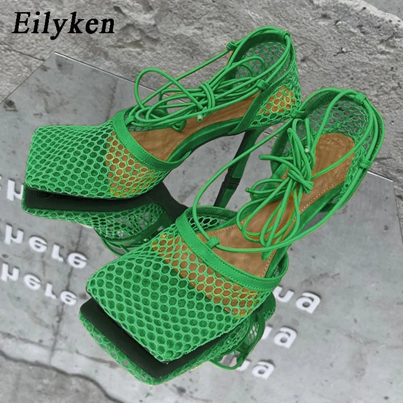 Eilyken Sexy Green Mesh Pumps Sandals Female Square Toe high heel Lace Up Cross-tied Stiletto hollow Dress shoes size 35-42