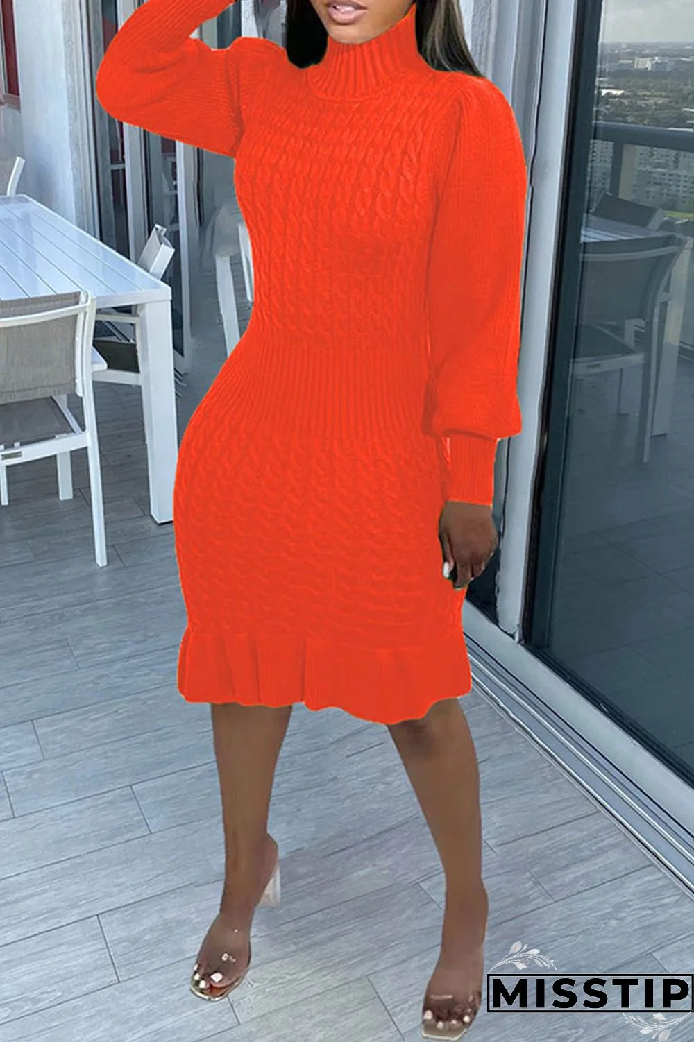Orange Casual Solid Basic Turtleneck Long Sleeve Dresses