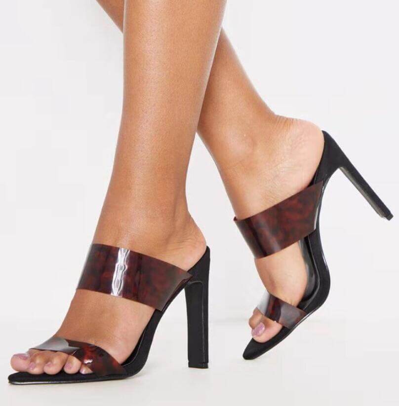 GOOSHOE Clear Leather Chunky Heel Pointed Toe Sandals