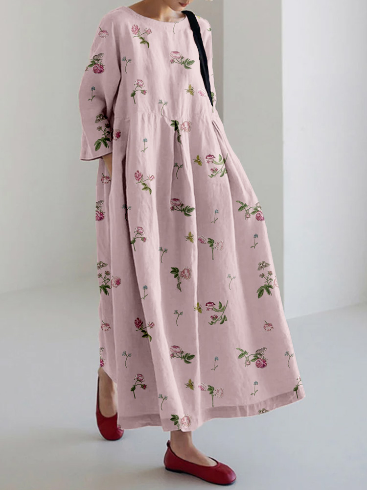 Vintage Floral Art Pattern Linen Blend Maxi Dress