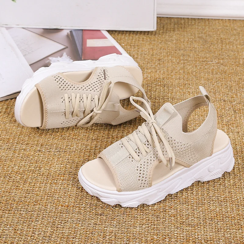 Yyvonne Spring And Summer New Sloping Sandals Women Large Size Flying Breathable Net Cloth Hollow Loose Fish Mouth Sandals