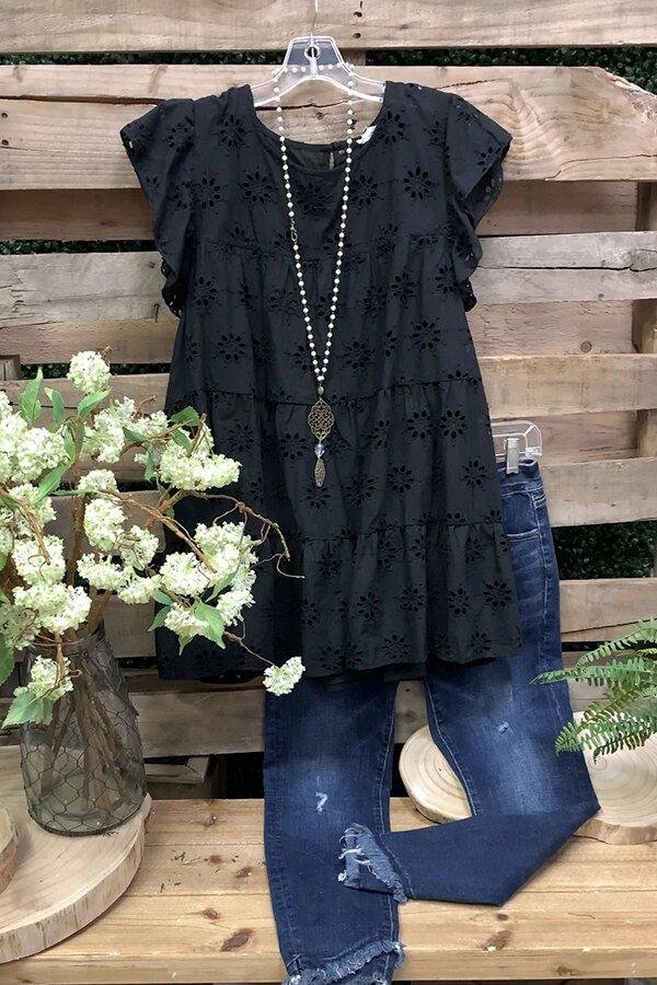 Hollow Flower Ruffled Cotton T-shirt-Mayoulove