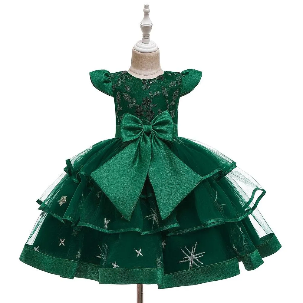 Children's Bow Sequined Prom Wedding Bridesmaid Dress Girl Flying Sleeves Multi-Layer Mesh Princess Dress