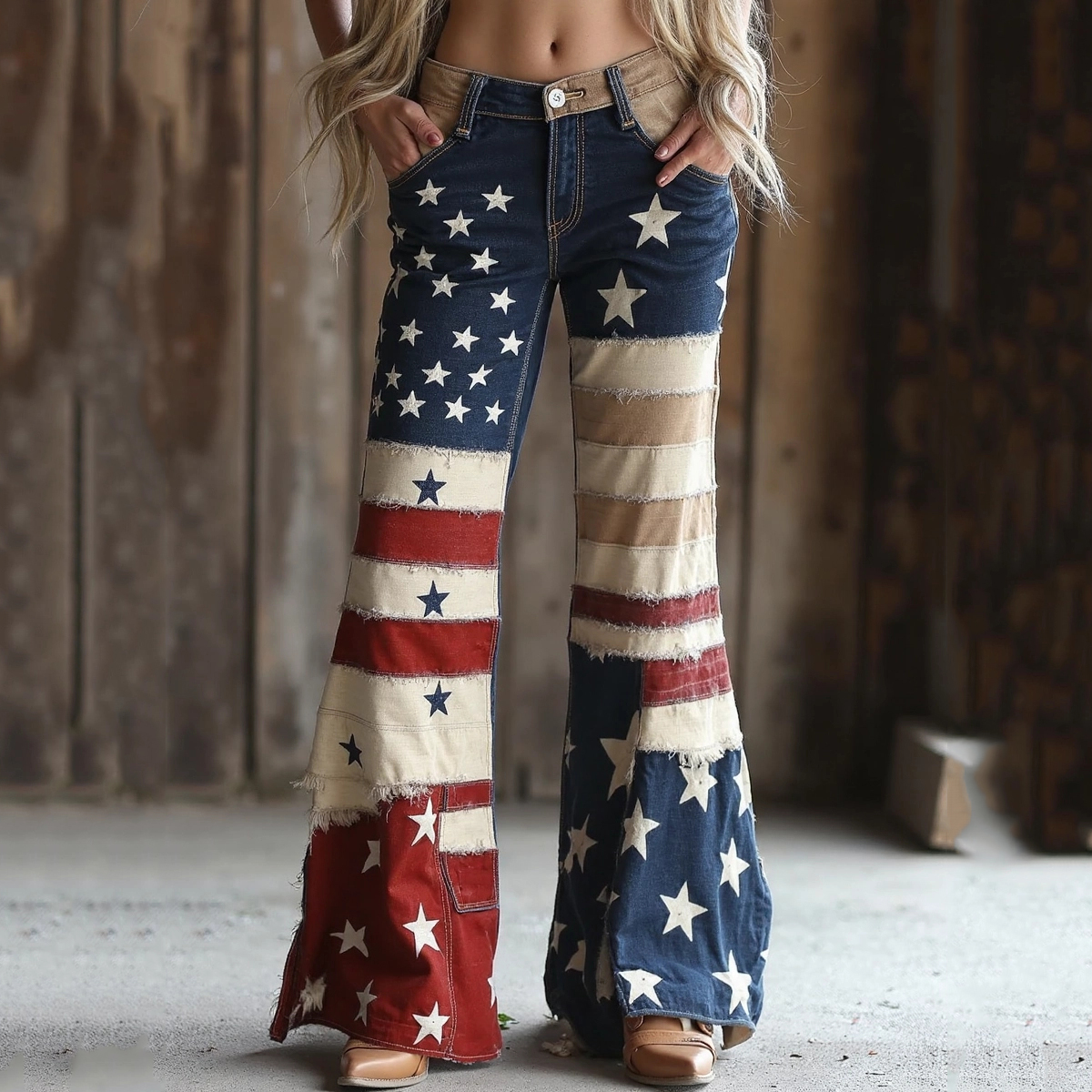 Vintage Patchwork Independence Day With America Flag Art Design Jeans elevenforest
